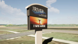 3D model of church signage - 3D Visualization (modeling & animation) for new addition to Family Center and enhancements of recreational pavilion - for The River UPC, Pastor Ron Wofford (prepared by Pastor Doug Joseph at Design8Studio.com)