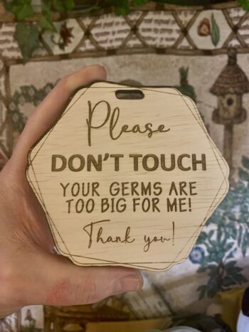 Sign/tag for Newborn Baby stroller/carriage - "Please don't touch - your germs are too big for me! Thank you!" Laser cut, 1/4 inch thick - Image 2